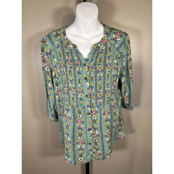 Matilda Jane Green Floral Plaid 3/4 Sleeve  button down shirt Medium - Picture 1 of 7